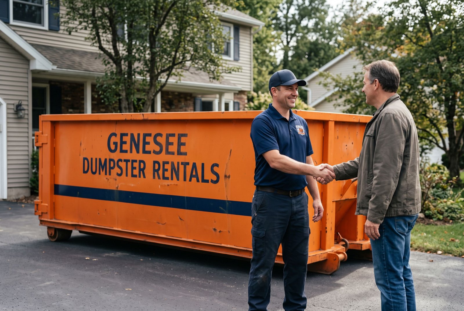 Genesee Dumpster Rentals driver greeting a homeowner